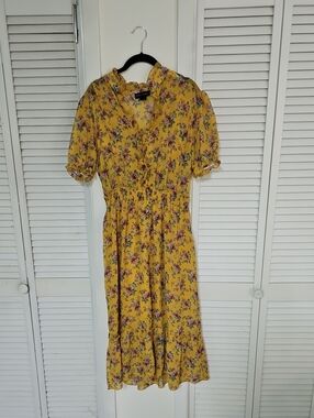 Yellow Floral Midi Dress with Smocked Waist